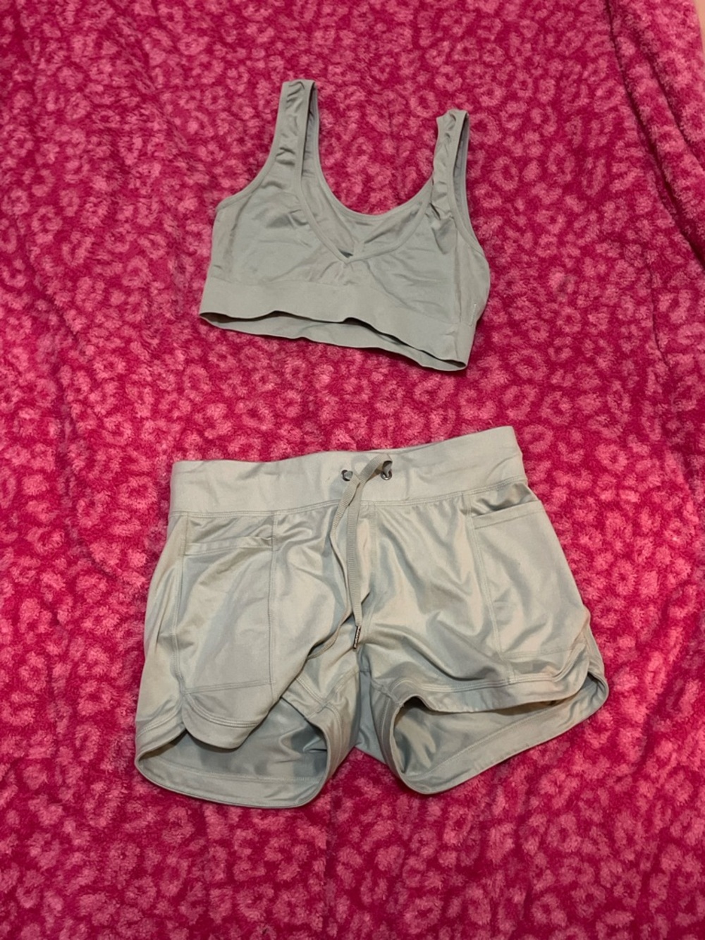 GAIAM Sage Green Sports Bra and Runner Shorts Set